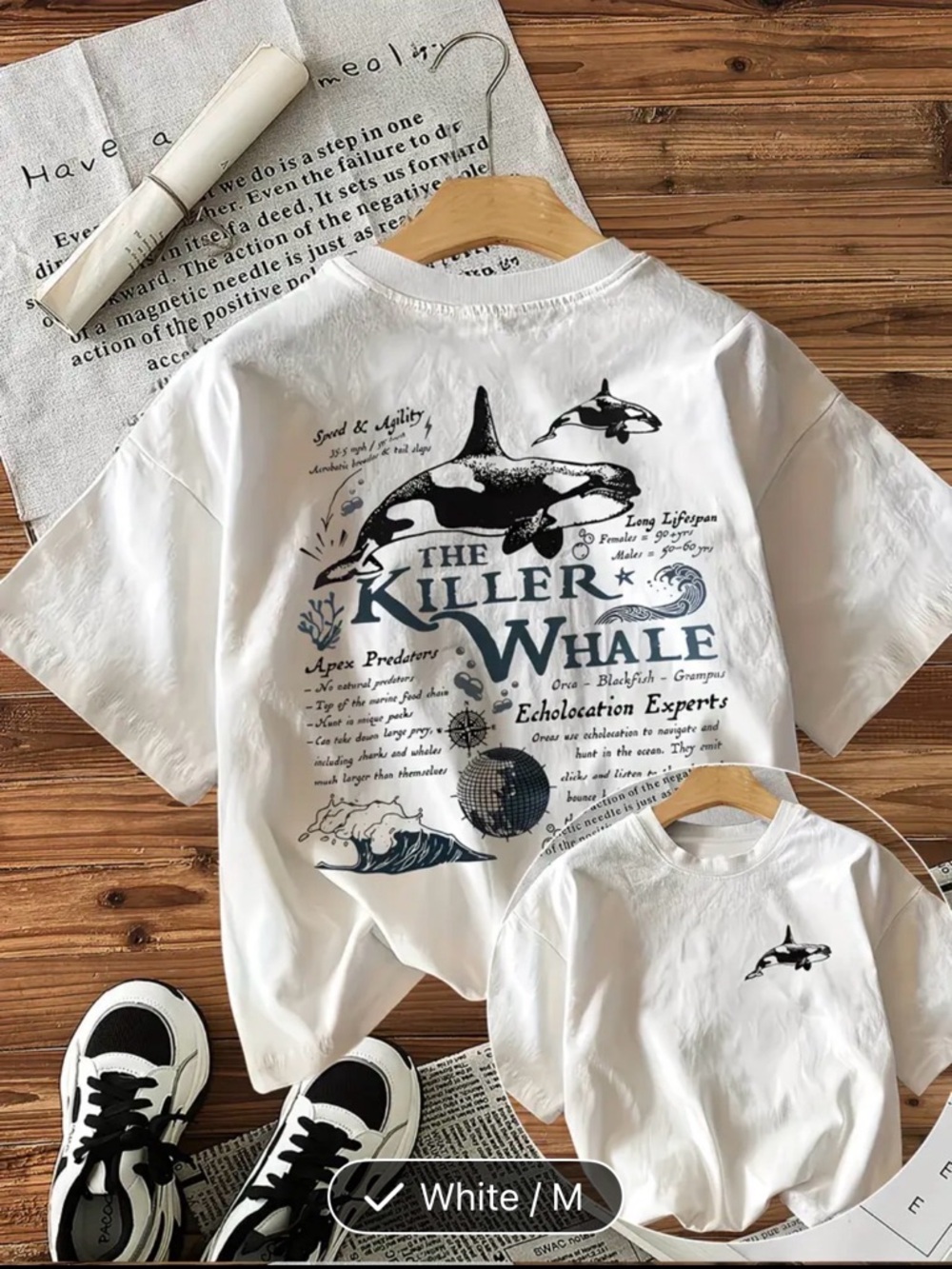 Amazon White Tee with Black Killer Whale Graphic